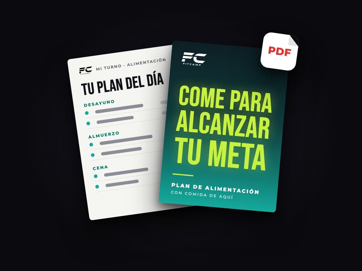 Ilustración del plan de alimentación en PDF: la portada «Come para alcanzar tu meta» y una página con desayuno, almuerzo y cena.