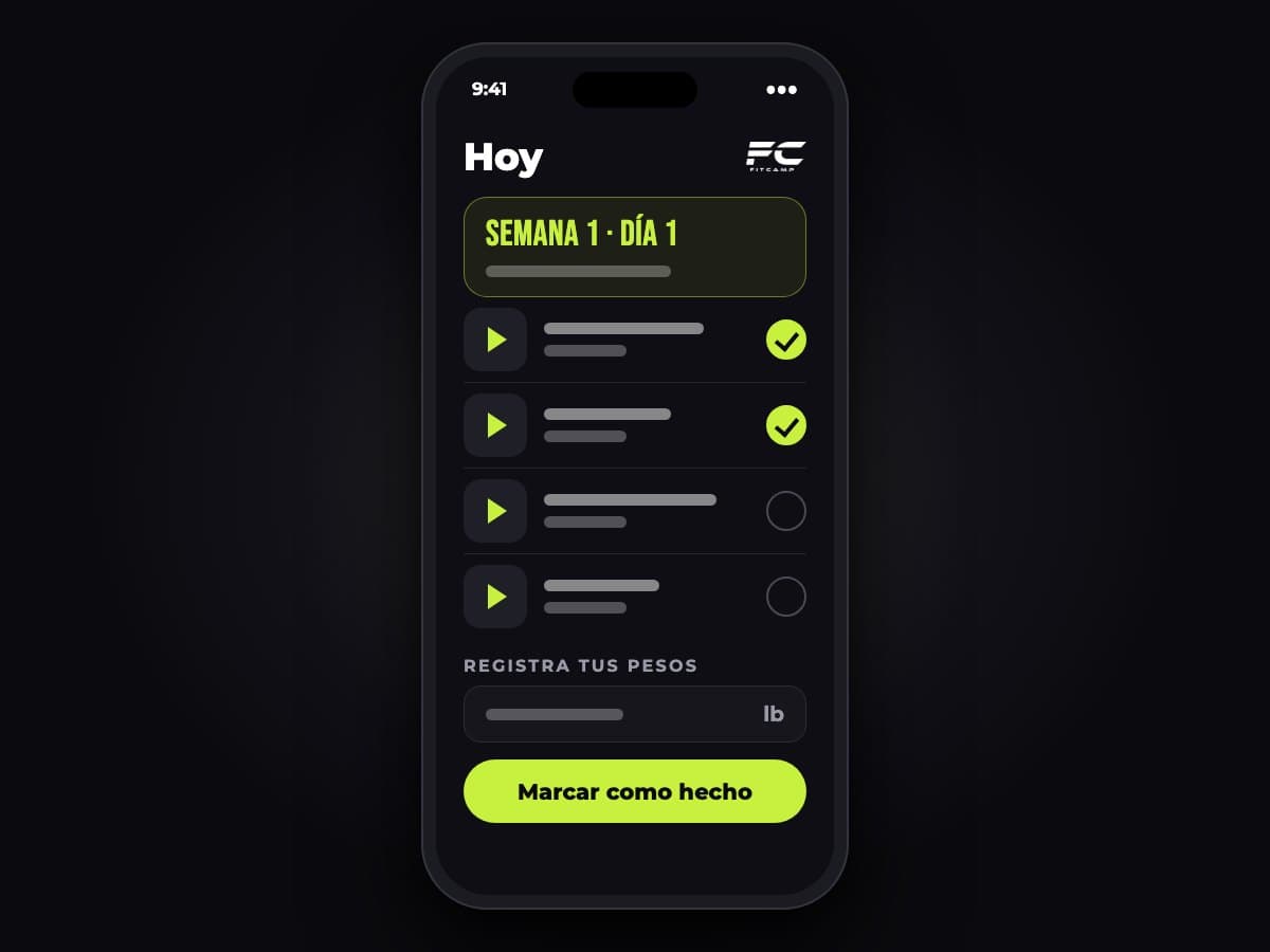 Ilustración de la app: el entrenamiento de hoy, los ejercicios marcados y el registro de pesos.