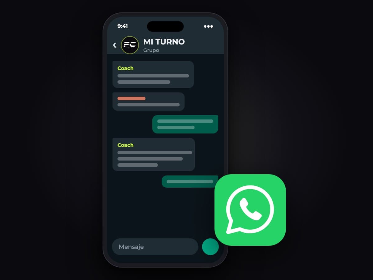 Ilustración del grupo de WhatsApp MI TURNO en un teléfono.