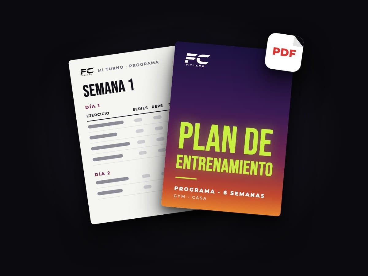 Ilustración del plan de entrenamiento en PDF: la portada y una página de la semana 1.