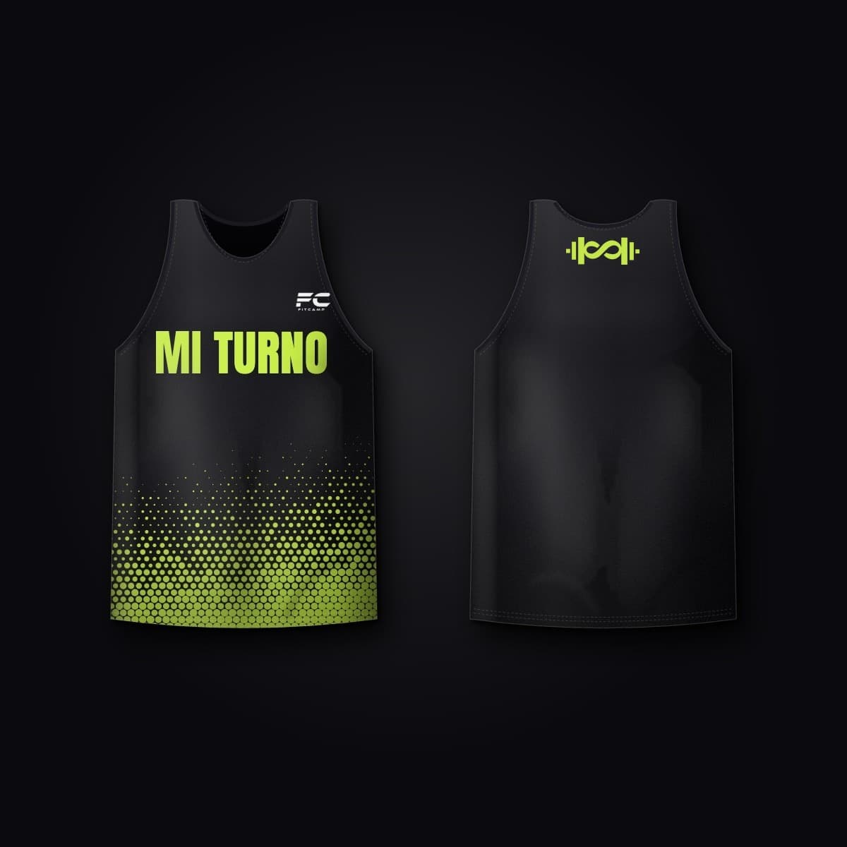 Tank top negro con MI TURNO en lima al frente y halftone lima abajo; atrás dice 6 semanas