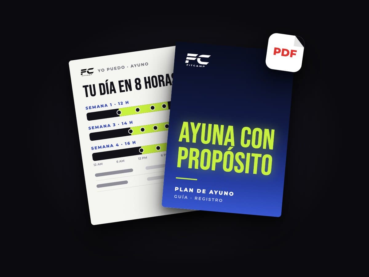 Ilustración del plan de ayuno en PDF: la portada «Ayuna con propósito» y una página con el horario de comidas de cada semana.