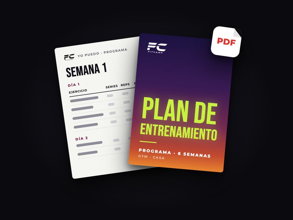 Ilustración del plan de entrenamiento en PDF: la portada y una página de la semana 1.