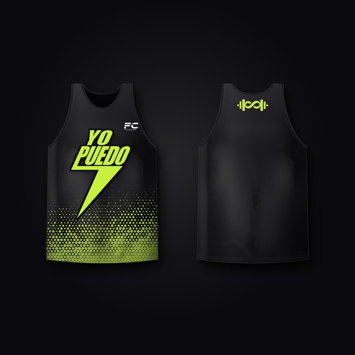 Tank top negro con el logo YO PUEDO en forma de rayo en lima al frente y halftone lima abajo; atrás dice 6 semanas